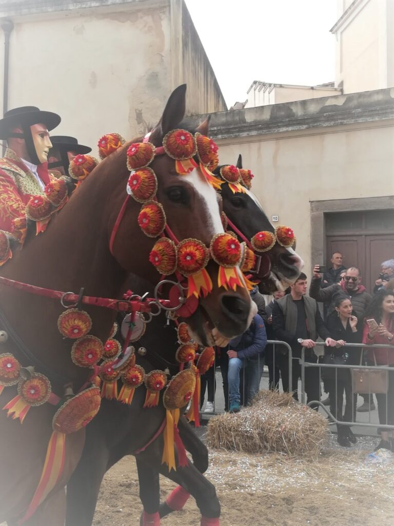 Cavalli in primo piano vestiti a festa. Coccarde con colori arancio, rosso e giallo, i cavalieri con maschera impersonale, cappello alla spagnola nero e gilet con i colori delle coccarde.
