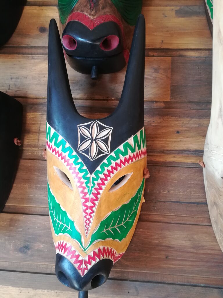 Appesa ad una parete di legno la maschera del Boe. Tutta colorata, le corna sono nere, un zig e zag intarsiate di linee rosse e verdi incornicia lo sguardo, come delle fogli nelle guance e un'altra linea a zig e zag rossa sopra le narici. Il fiore intarsiato al centro della fronte.