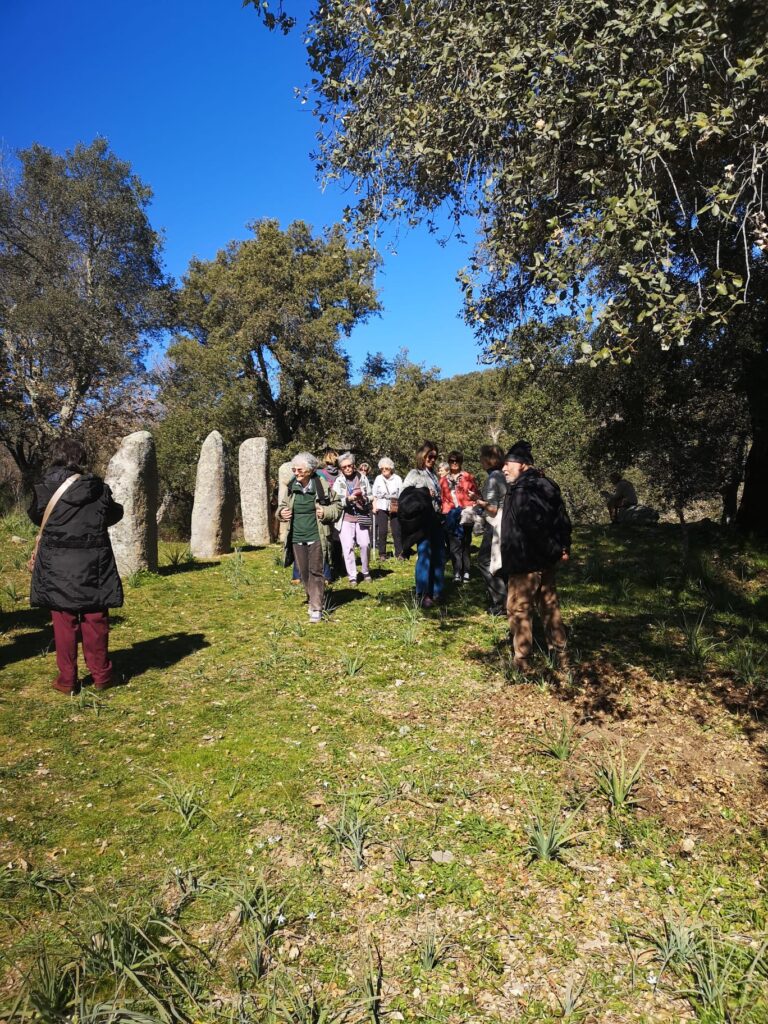Gruppo di persone davanti a menhir pietre lunghe allineate in piedi.